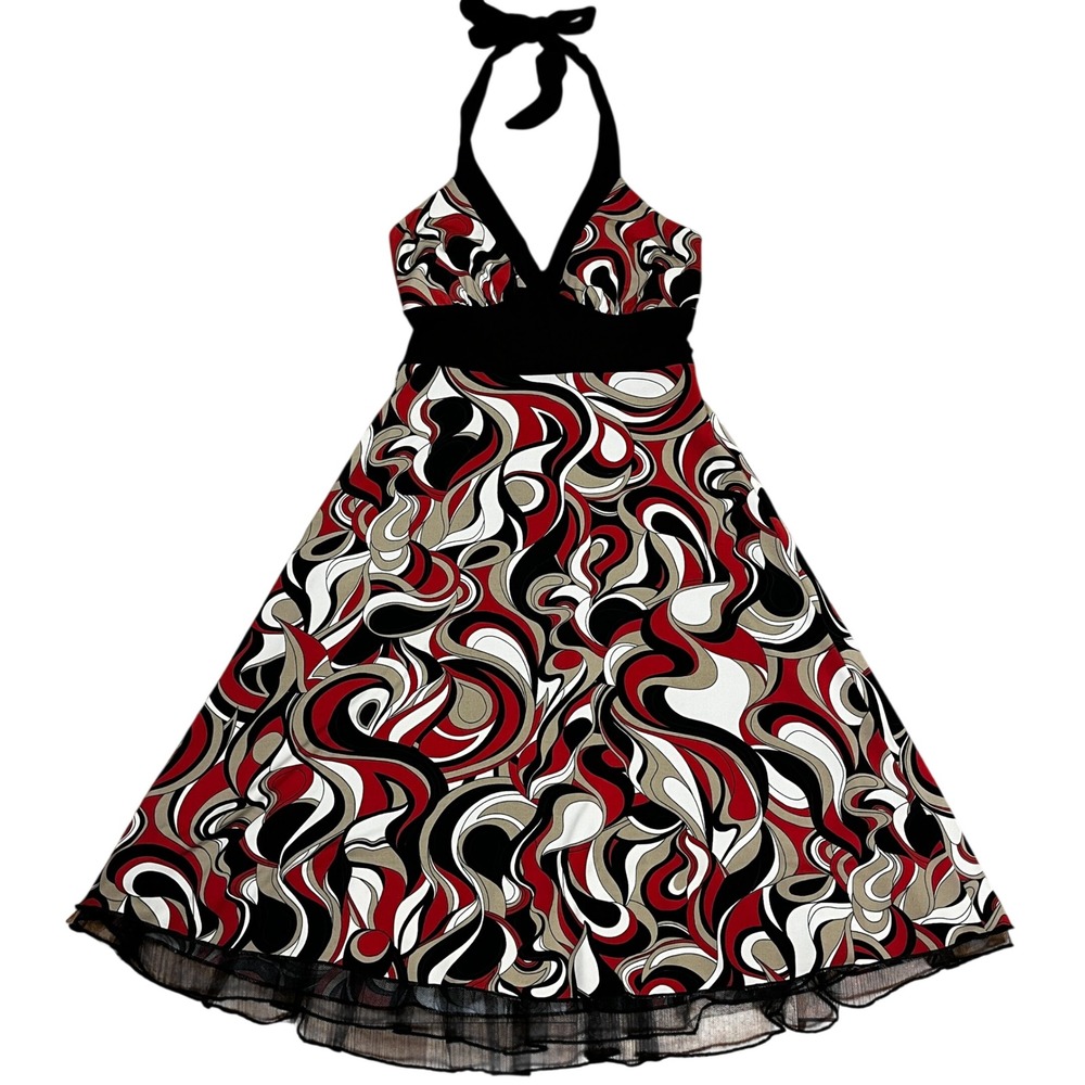 Vtg 90s Speechless Red Black Swirl Psychedelic Halter Dress M Tulle Hem Pinup